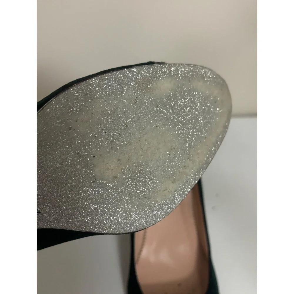 J. Crew Green Velvet Cap Toe Block Heel Pumps Crystal Embellished Size 9 Italy